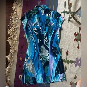 Vintage Cache Blue Purple Animal Print Leopard Patterned Club Collar Dress M